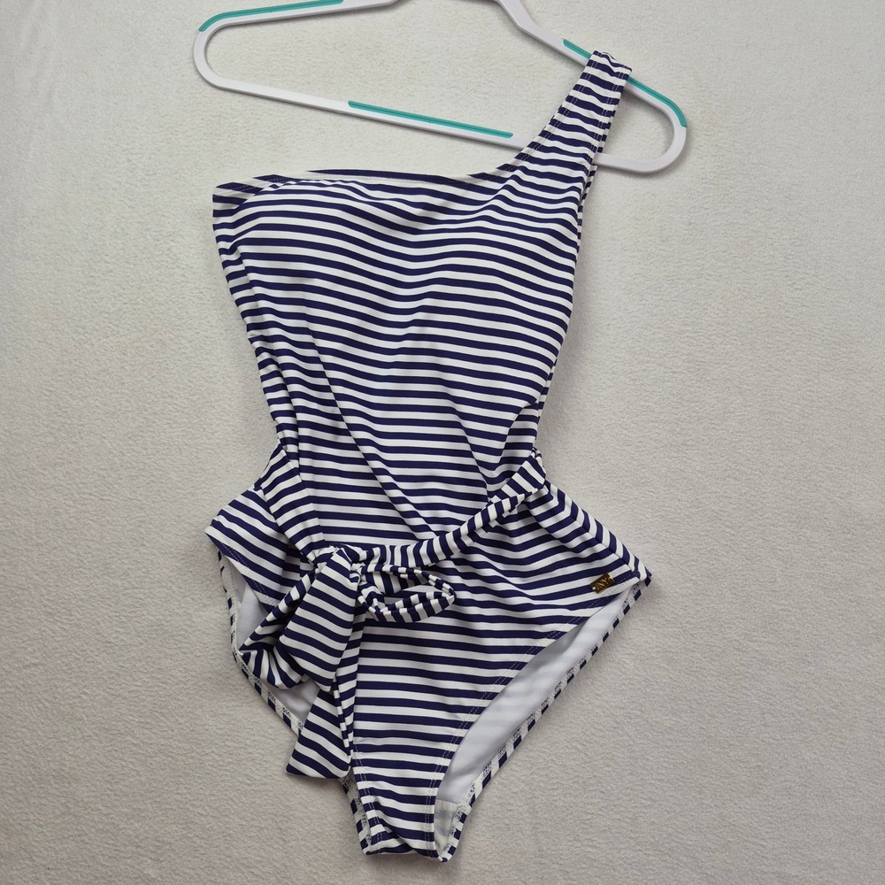 Jones New York One Shoulder Swimsuit Navy White Striped Side Tie One Piece Large
